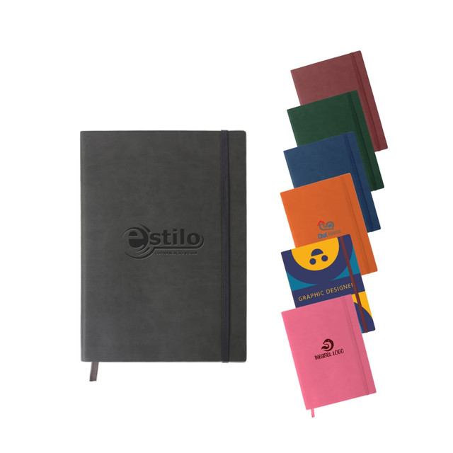 A B5 PU cover notebook in various colours, featuring a logo on the front and a bookmark.