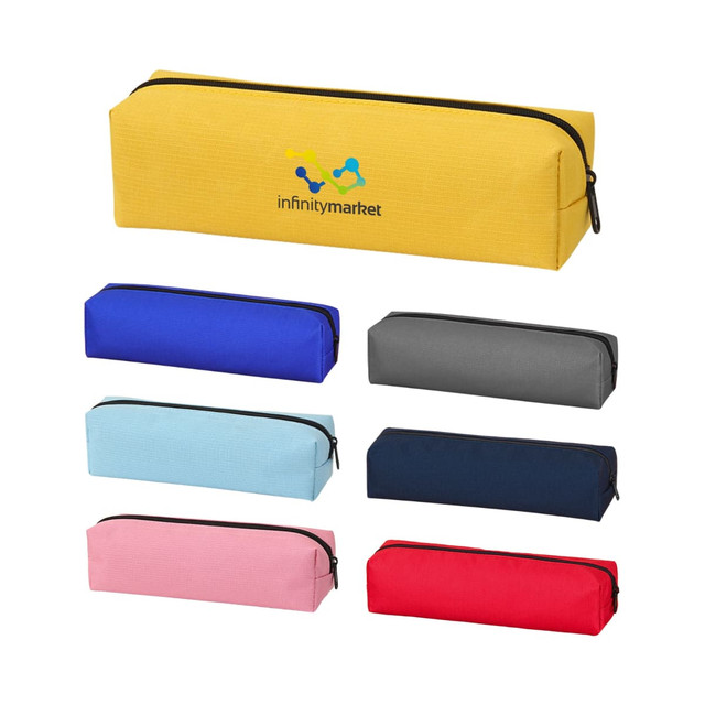A selection of coloured pencil cases in yellow, blue, grey, light blue, navy, and pink, featuring a logo.