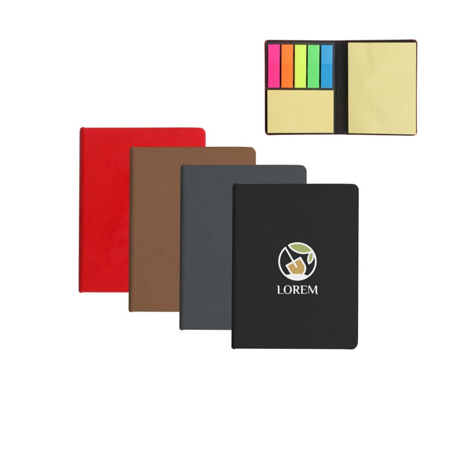 A PU Sticky Notes Memo Holder featuring four notebooks in red, brown, grey, and black with a colourful sticky notes section and a logo.