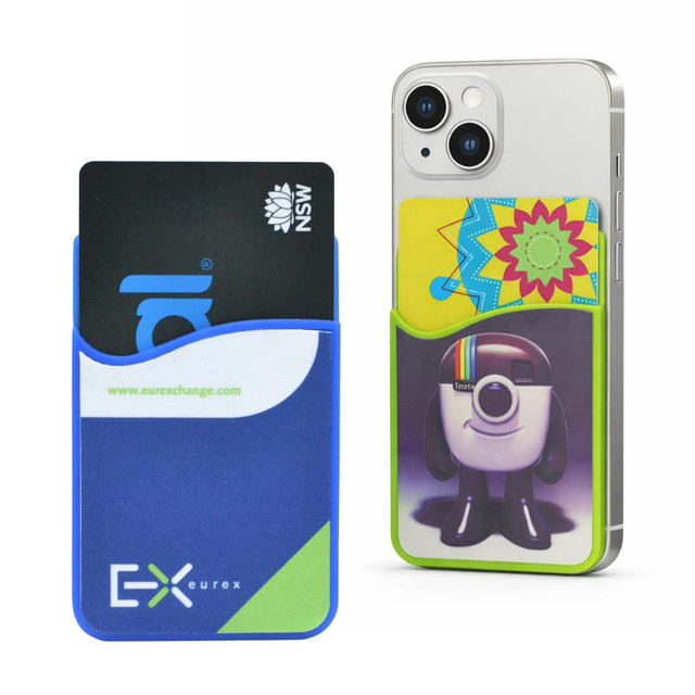 A blue phone wallet with card slots, featuring a colourful illustration of a camera character, attached to a smartphone.