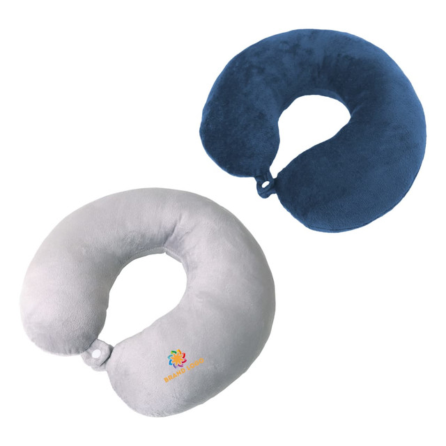 Two U-shaped travel pillows in grey and navy blue, featuring a logo on one of them.