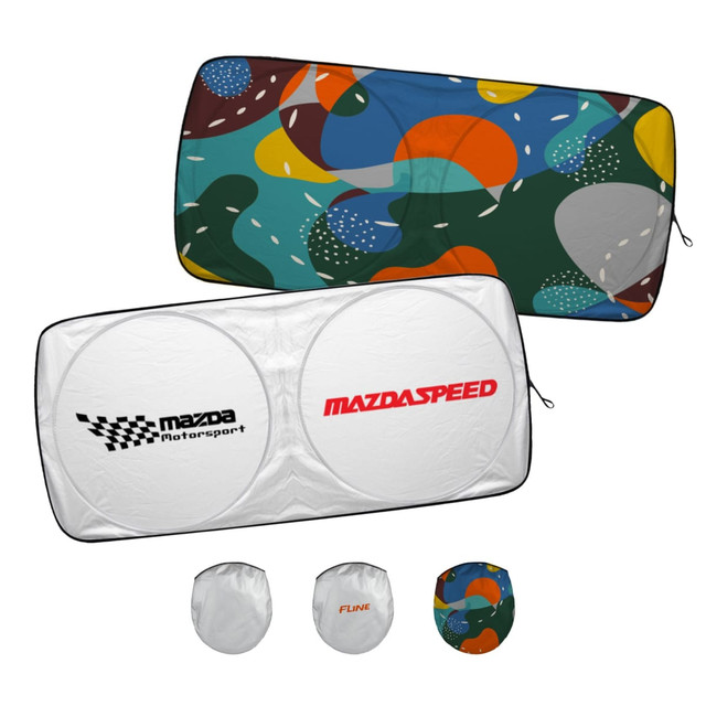 A twin circular reflective car sunshade featuring a colourful abstract design and a logo, with protective storage bags.