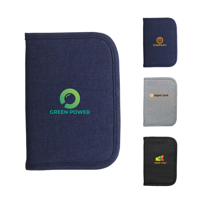 A collection of passport holders in navy, grey, and black, featuring various logos and branding.