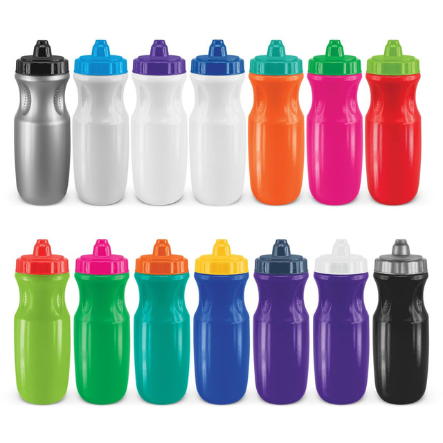 A drink bottle collection featuring various colours including silver, white, orange, pink, green, purple, and black, with logos.