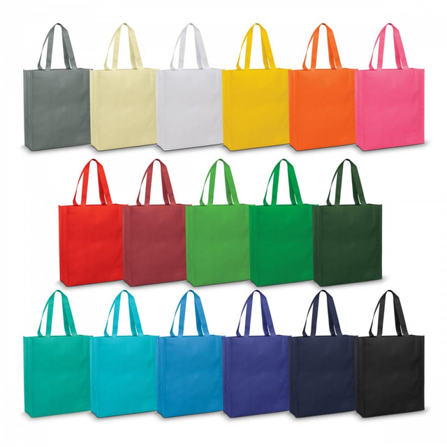 A collection of tote bags in various colours including grey, white, yellow, orange, pink, red, green, blue, and navy, featuring handles and branding.