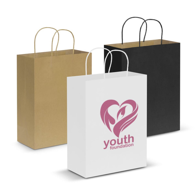 A large paper carry bag in white, black, and brown with handles, featuring a logo on the white bag. A large paper carry bag in white, black, and brown with handles, featuring a logo on the white bag.