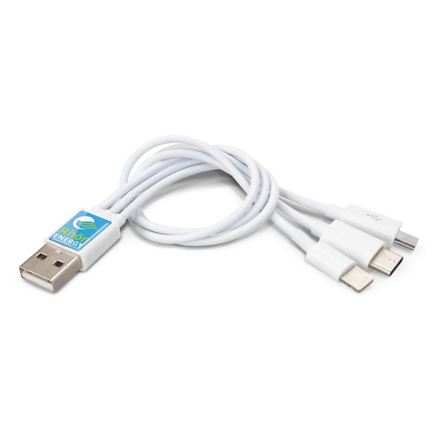 A charging cable in white featuring a USB connector and three different connector types. It has a logo on the connector. A charging cable in white featuring a USB connector and three different connector types. It has a logo on the connector.