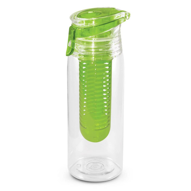 A drink bottle designed for infusing beverages, featuring a clear body with a green infuser insert and a secure lid.