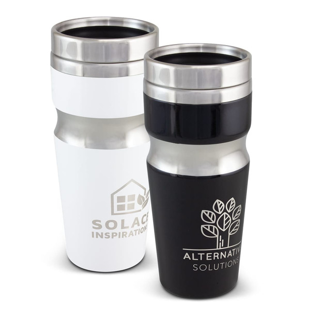 A drink bottle set featuring a white and a black stainless steel tumbler, each with a logo on the side.