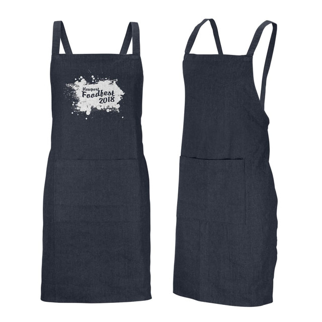 A dark denim bib apron featuring adjustable straps and a front pocket. It has a logo on the front. A dark denim bib apron featuring adjustable straps and a front pocket. It has a logo on the front.