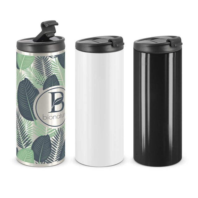 A drink bottle set featuring three vacuum cups: a leaf-patterned stainless steel, and solid white and black cups, all with lids.