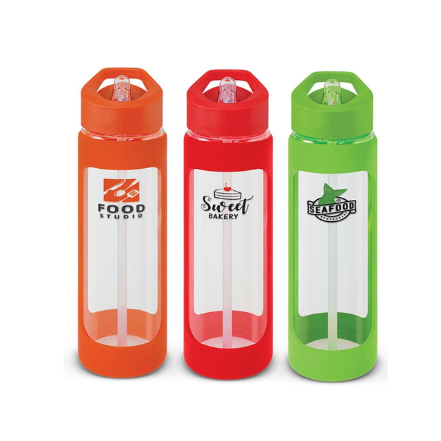 A drink bottle set featuring three transparent bottles with orange, red, and green lids, each displaying a logo. A drink bottle set featuring three transparent bottles with orange, red, and green lids, each displaying a logo.
