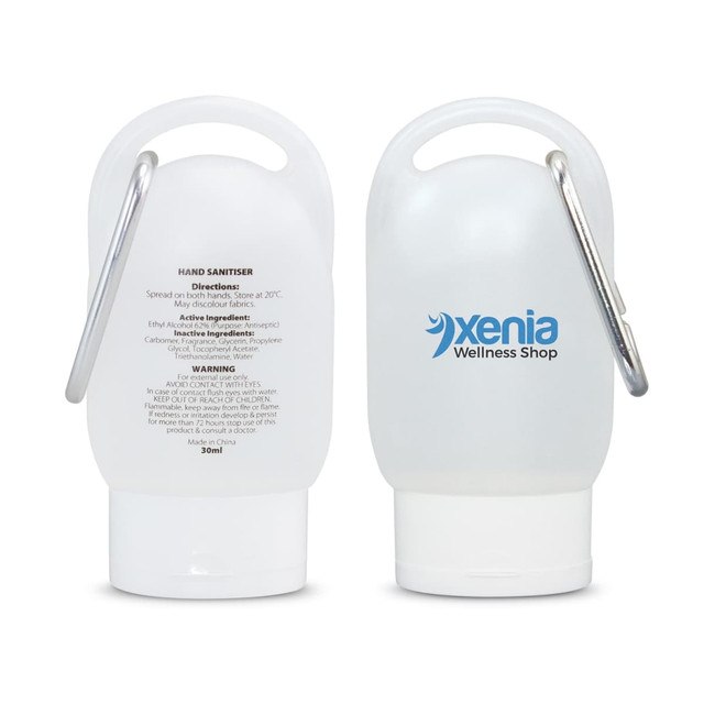 A transparent gel hand sanitiser bottle, featuring a carabiner, holds 30ml of product. The bottle has a logo.