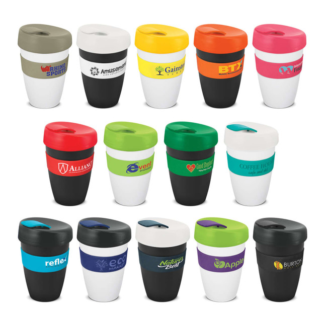A collection of double wall drink cups in various colours, featuring different logos and designs.