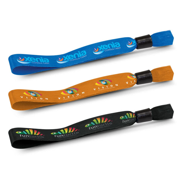 Three event wristbands in blue, orange, and black, featuring a logo and colourful graphic designs. Three event wristbands in blue, orange, and black, featuring a logo and colourful graphic designs.