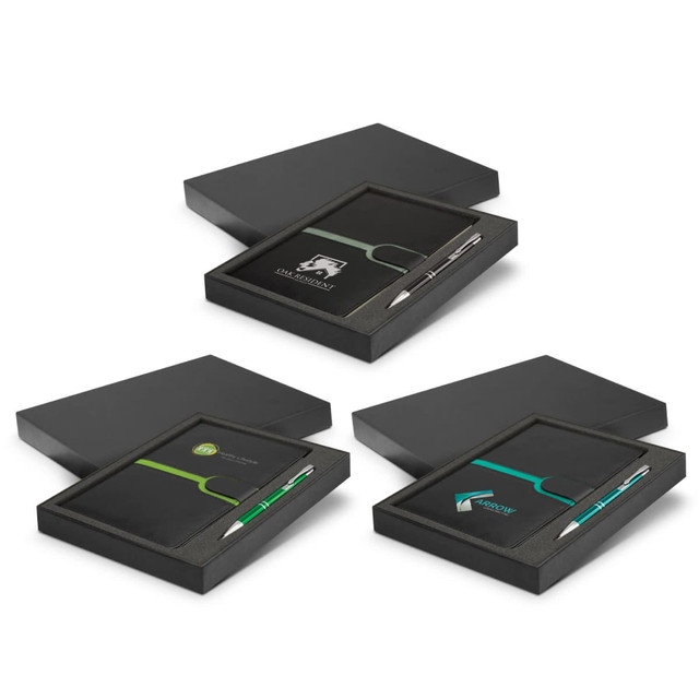 A notebook and pen gift set featuring three sets of black notebooks with green accents and a pen, all in a black box.