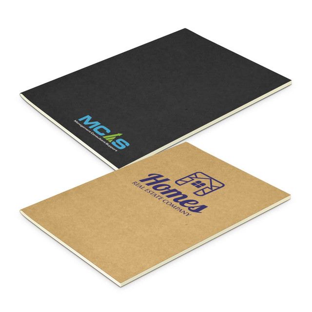 A medium notebook with a black cover featuring a logo, and a brown cover with a printed design.