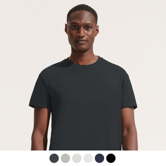 A plain black adult t-shirt displayed on a model, featuring a logo at the neckline and available in multiple colours.