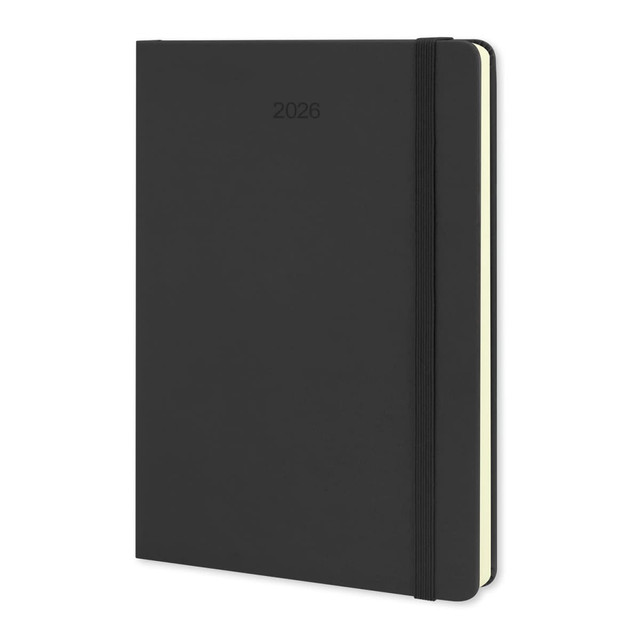 A black Moleskine 2026 planner with a softcover, featuring an elastic band and cream pages.