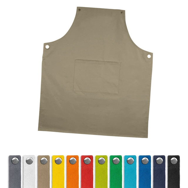 A beige bib apron featuring a front pocket and a circular logo, with colour swatches displayed beneath in various shades.