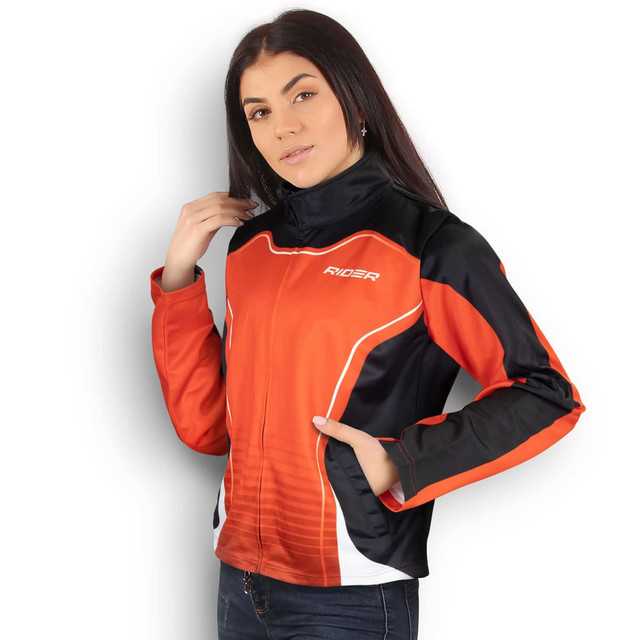 A women's sports jacket in orange and black, featuring a logo and a zip-up front. A women's sports jacket in orange and black, featuring a logo and a zip-up front.