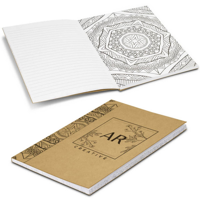 A mindfulness notebook featuring a patterned cover in brown and lined pages inside, with a design element on the front.