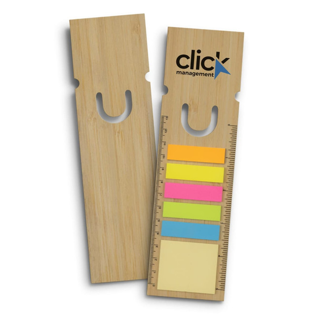 Bamboo ruler bookmark in natural wood, featuring a cut-out handle and a set of assorted sticky notes.