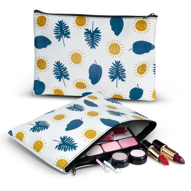 A medium cosmetic bag with a floral and sun pattern, featuring assorted makeup items like lipsticks and compacts. A medium cosmetic bag with a floral and sun pattern, featuring assorted makeup items like lipsticks and compacts.