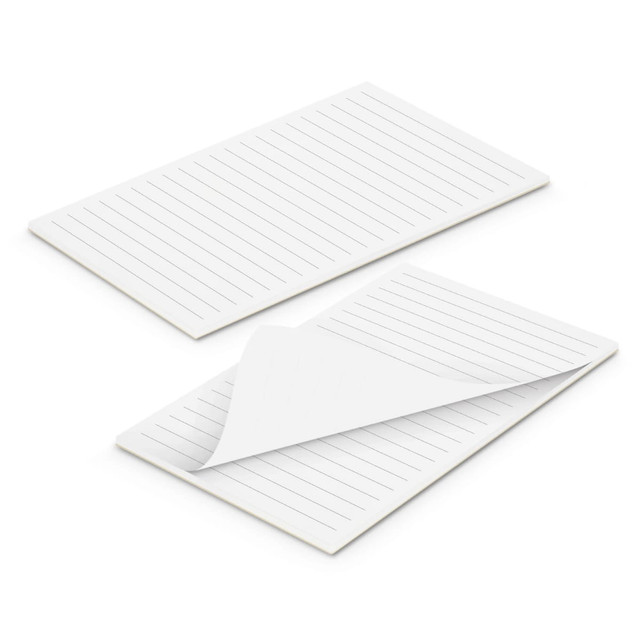 A white notepad featuring lined pages, measuring 90mm x 160mm, with a branding logo visible. A white notepad featuring lined pages, measuring 90mm x 160mm, with a branding logo visible.