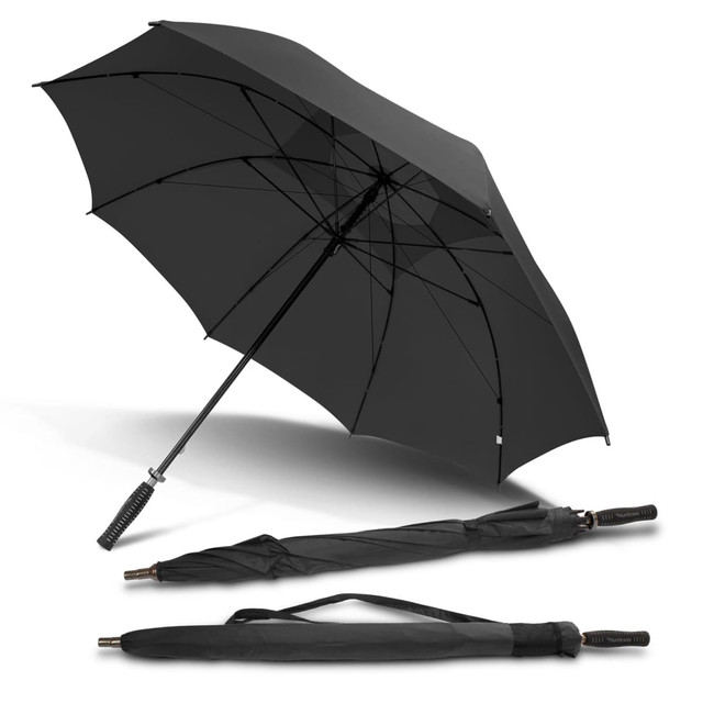 A black mini umbrella displayed both open and folded, featuring a textured handle and a logo.