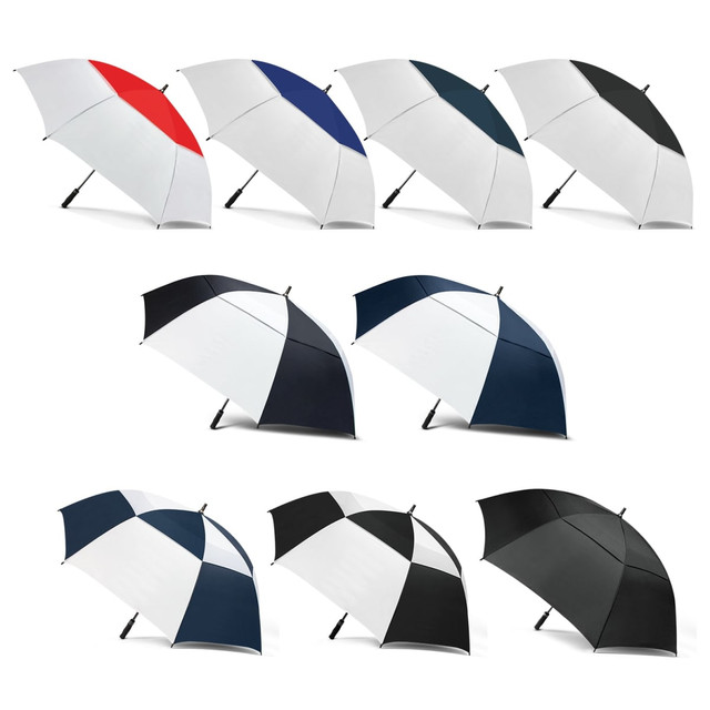 A set of umbrellas in various colour combinations, including red, blue, navy, and black, with a logo on each.