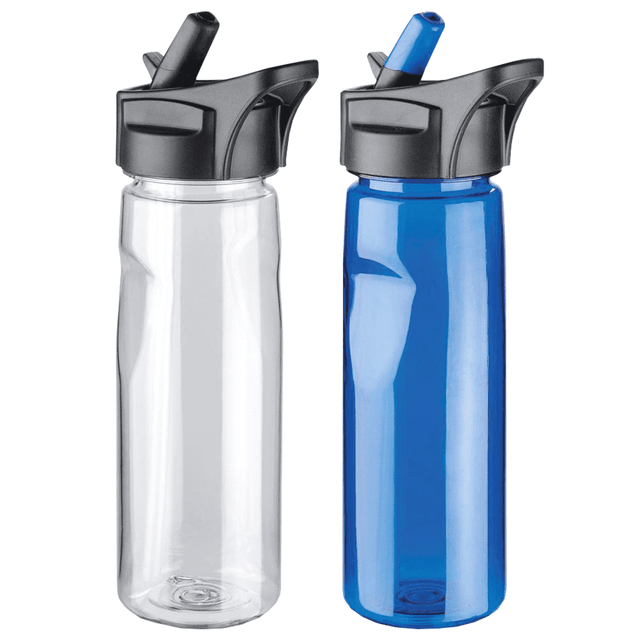 A drink bottle set featuring a clear and a blue 600ml sports bottle with black lids and straws. Both have a logo. A drink bottle set featuring a clear and a blue 600ml sports bottle with black lids and straws. Both have a logo.