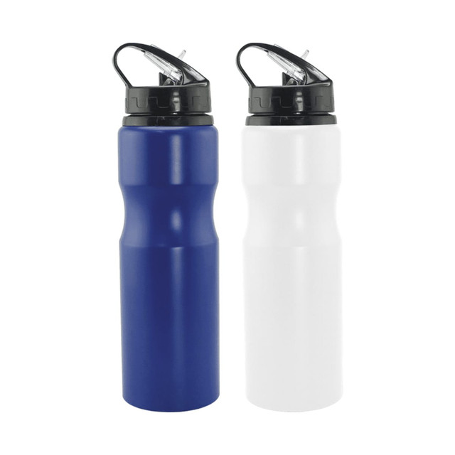 A drink bottle with a sleek design, available in navy blue and white, featuring a flip-top lid and a logo.
