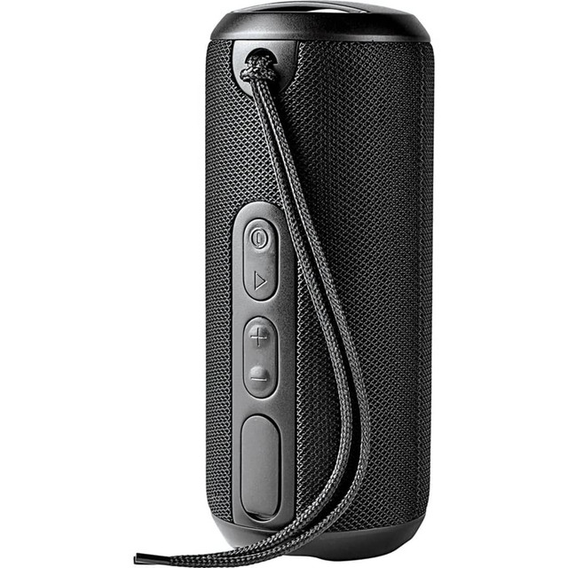 A black rugged fabric waterproof Bluetooth speaker with controls and a strap for easy carrying. A black rugged fabric waterproof Bluetooth speaker with controls and a strap for easy carrying.