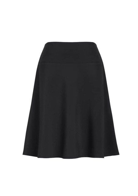 A black bandless flared skirt with a smooth waistband, featuring a flowing design and no visible logos.