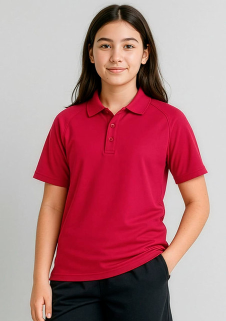 A red short sleeve polo shirt designed for kids, featuring a collar and buttons, with a logo on the chest.