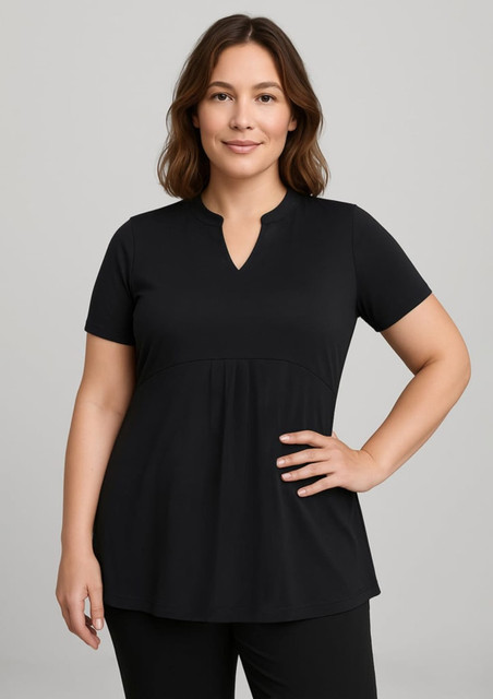 A black women's Mali Stretch Tunic T-Top featuring short sleeves and a v-neck design, with a logo on it.