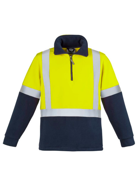 A hi-vis polar fleece pullover in bright yellow and navy, featuring reflective shoulder tape and a zip front.