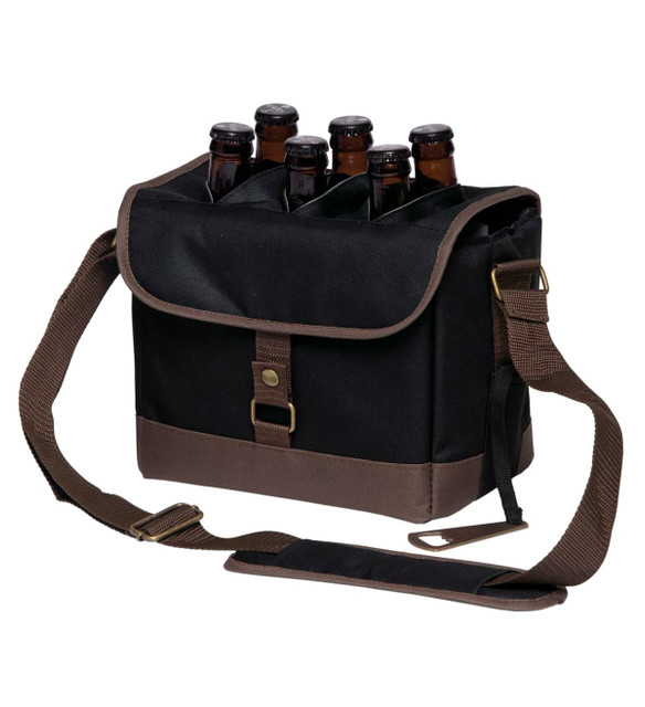 A drink bottle cooler in black and brown, featuring a shoulder strap and compartments for holding multiple bottles.