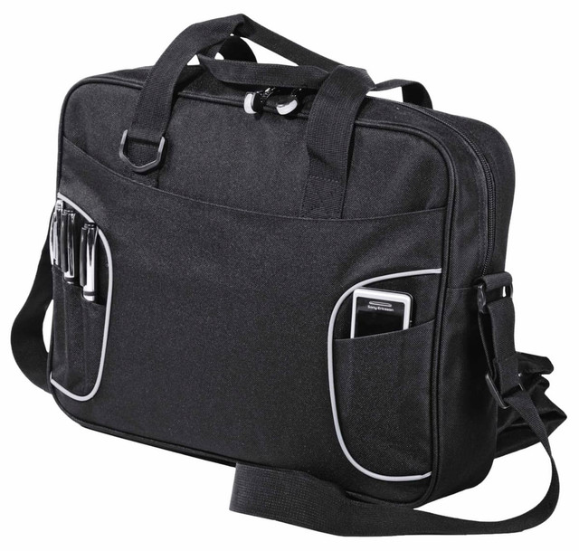 A black laptop bag featuring multiple pockets and a shoulder strap. It includes a logo on the front. A black laptop bag featuring multiple pockets and a shoulder strap. It includes a logo on the front.