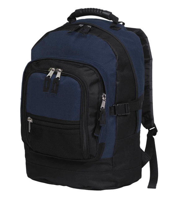 A navy blue and black backpack with multiple pockets and a handle on top, featuring a logo.
