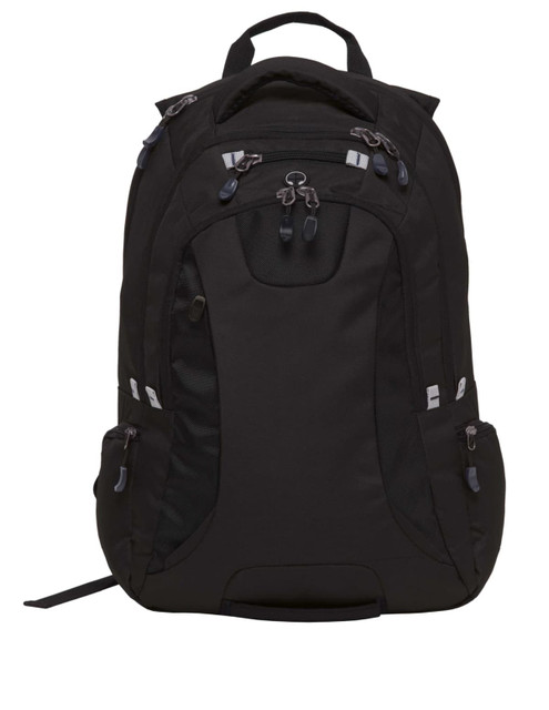 A black backpack with several compartments and zippers, featuring a logo, ideal for carrying various items. A black backpack with several compartments and zippers, featuring a logo, ideal for carrying various items.