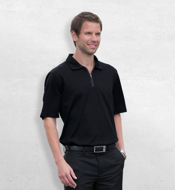 A black polo shirt with a zip collar, featuring short sleeves and a logo on the chest, worn by a smiling man. A black polo shirt with a zip collar, featuring short sleeves and a logo on the chest, worn by a smiling man.