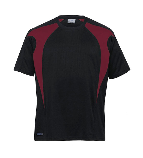 A black T-shirt with maroon spliced accents and a small logo on the hem. A black T-shirt with maroon spliced accents and a small logo on the hem.