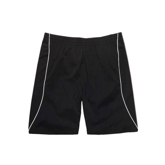 Black men's training shorts featuring white piping and an elastic waistband. Sports shorts with branding present.