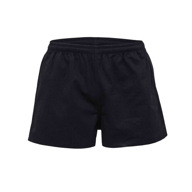 Black men's rugby shorts with an elastic waistband, featuring a logo on the front. Black men's rugby shorts with an elastic waistband, featuring a logo on the front.