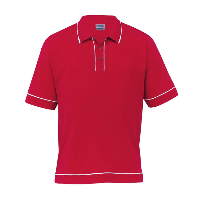 A red retro waffle polo shirt with white piping and a button-up collar, featuring a logo. A red retro waffle polo shirt with white piping and a button-up collar, featuring a logo.