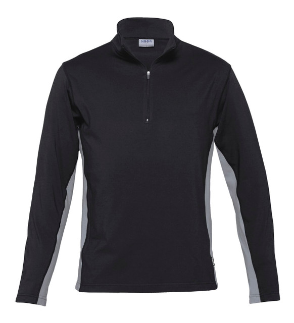 A black long-sleeve shirt with grey side accents and a zippered collar, featuring a logo on the chest.