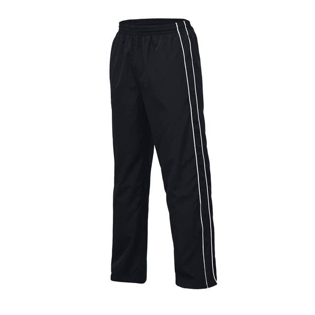 Black track pants with white twin stripes and an elastic waistband. Features a logo on the waistband.
