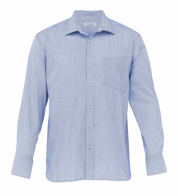 A blue and white striped button-up shirt with a pocket and a logo on the chest. A blue and white striped button-up shirt with a pocket and a logo on the chest.